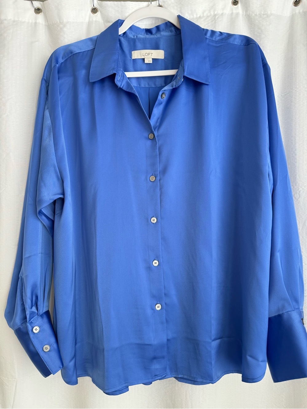 LOFT Button-Down Satin Shirt in Delft Blue